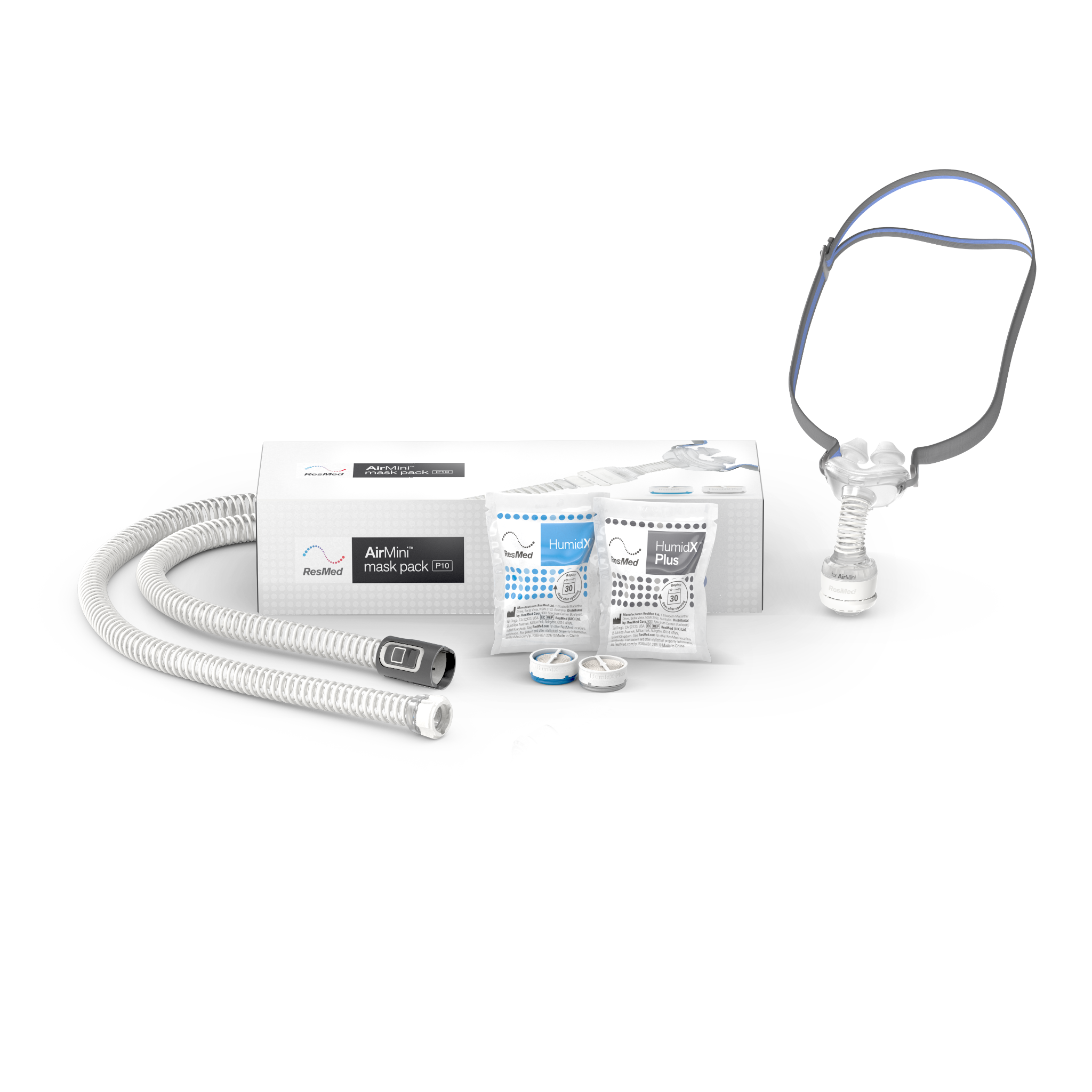 Sistema AirMini ResMed com máscara AirFit P10, circuito e componente HumidX