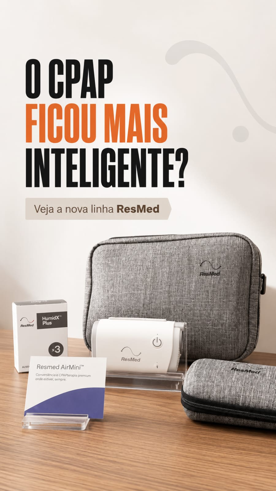 AirMini ResMed com bolsas de transporte e embalagem de HumidX em exposição na Quallys