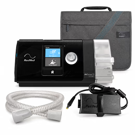 Imagem ilustrativa do CPAP AirSense 10 AutoSet com maleta, fonte e tubo