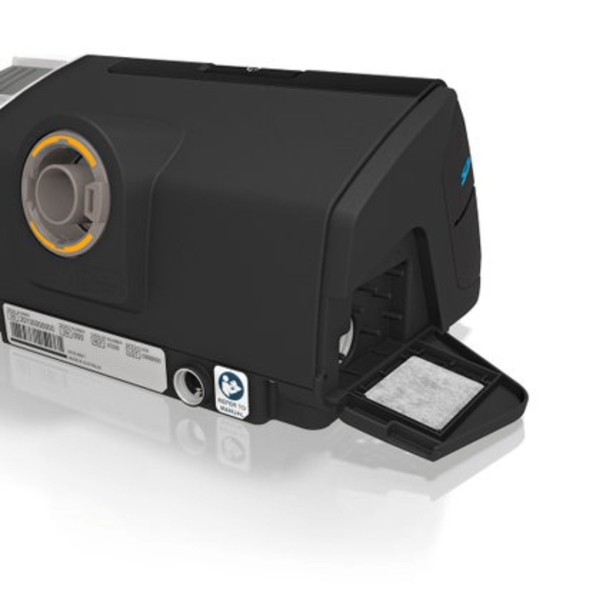 Parte traseira do CPAP AirSense 10 ResMed com compartimento do filtro aberto