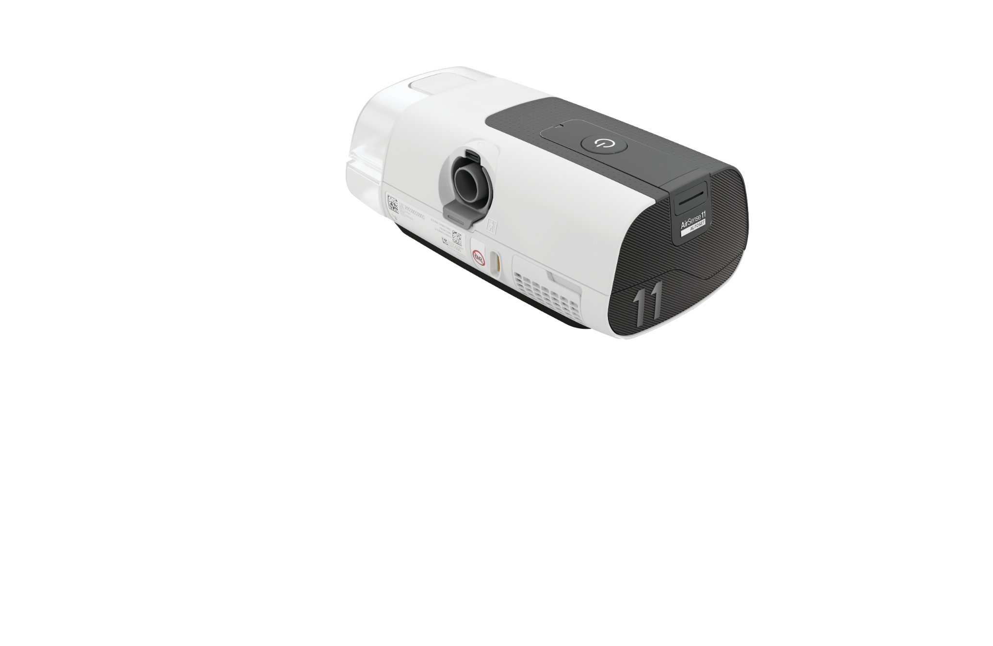 Vista traseira do AirSense 11 AutoSet com conexão do tubo e identificação do modelo