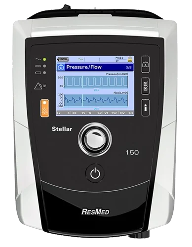 Ventilador Stellar 150 ResMed visto de frente com tela e controles