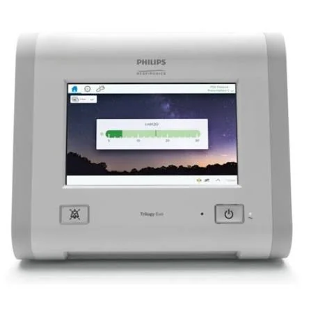 Painel frontal do ventilador Trilogy Evo Philips Respironics com tela touchscreen