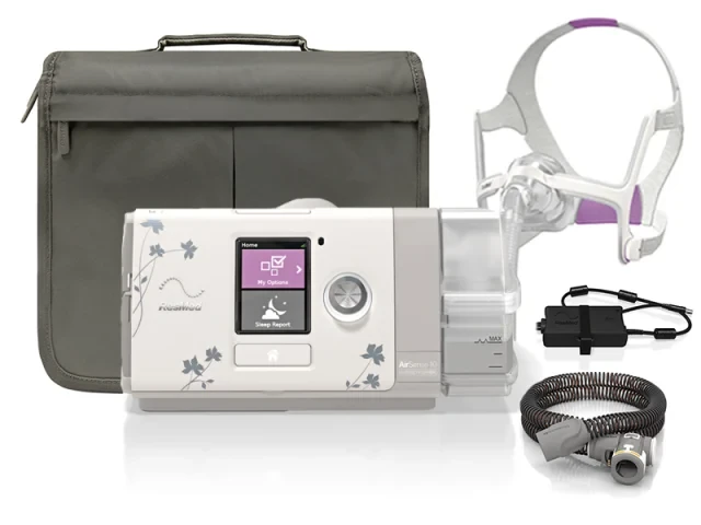 AirSense 10 AutoSet for Her ResMed com bolsa, máscara, fonte e tubo